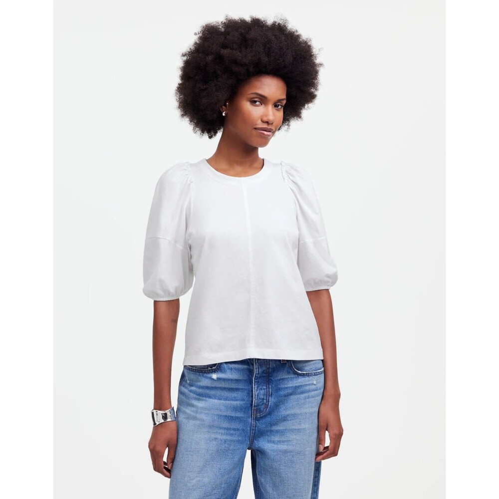 MADEWELL Puff-Sleeve Tee S White Crew Neck Short Sleeve Top Relaxed NWT B1